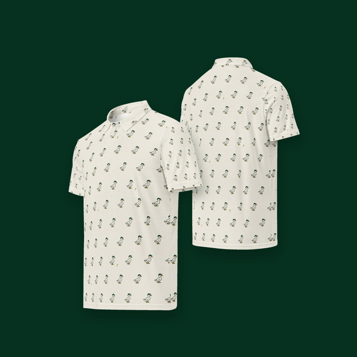 Front and back of the PATO slim-fit golf polo with all-over duck print