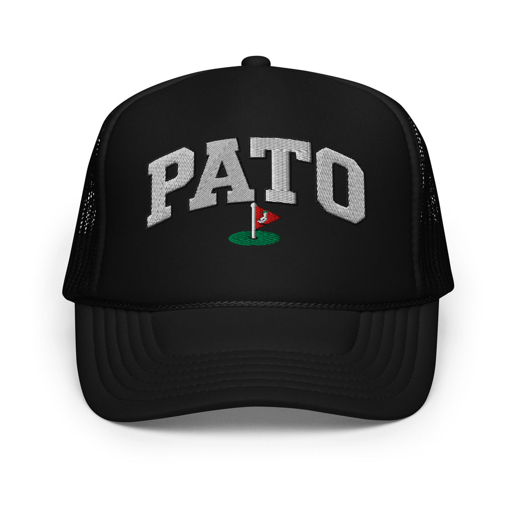PATO foam trucker golf cap with varsity letters and golf flag