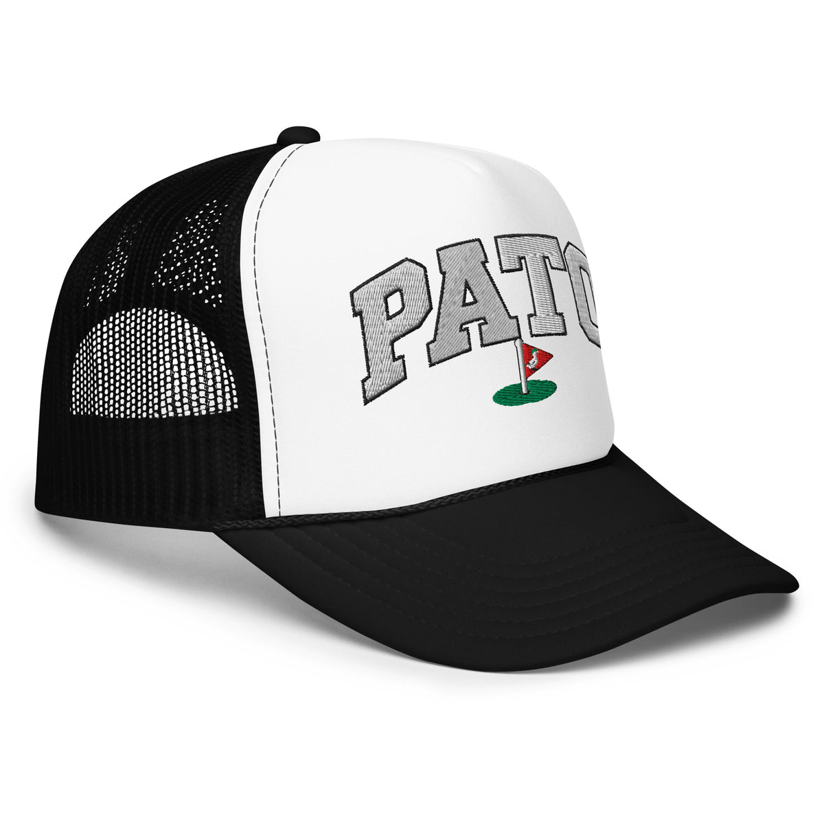 PATO foam trucker golf cap with varsity letters and golf flag