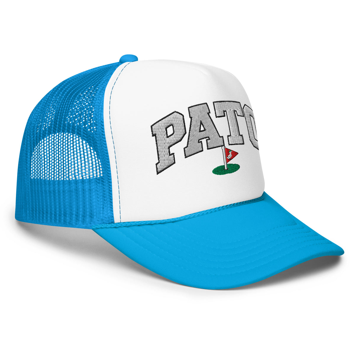 PATO foam trucker golf cap with varsity letters and golf flag