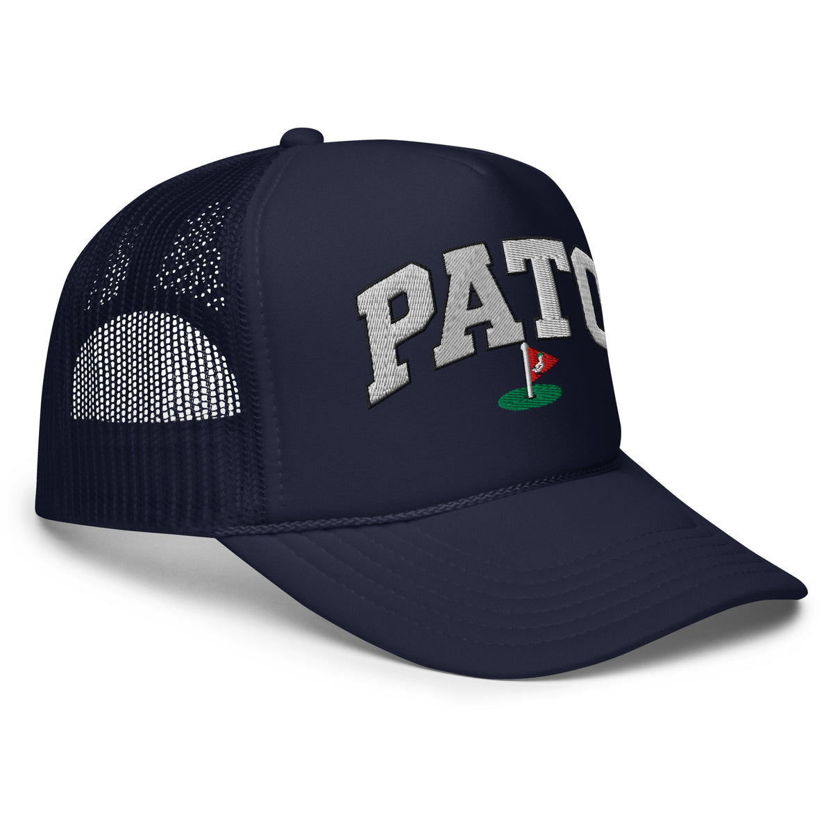 PATO foam trucker golf cap with varsity letters and golf flag