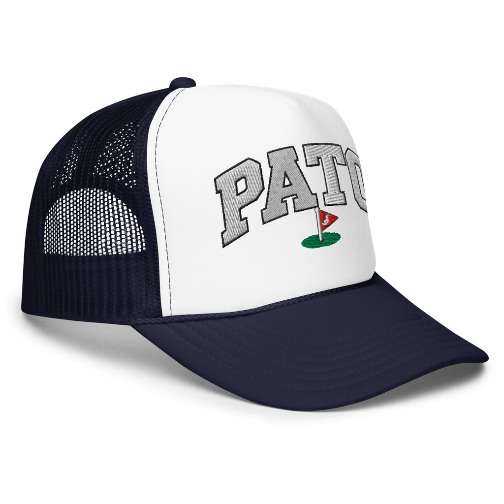 PATO foam trucker golf cap with varsity letters and golf flag