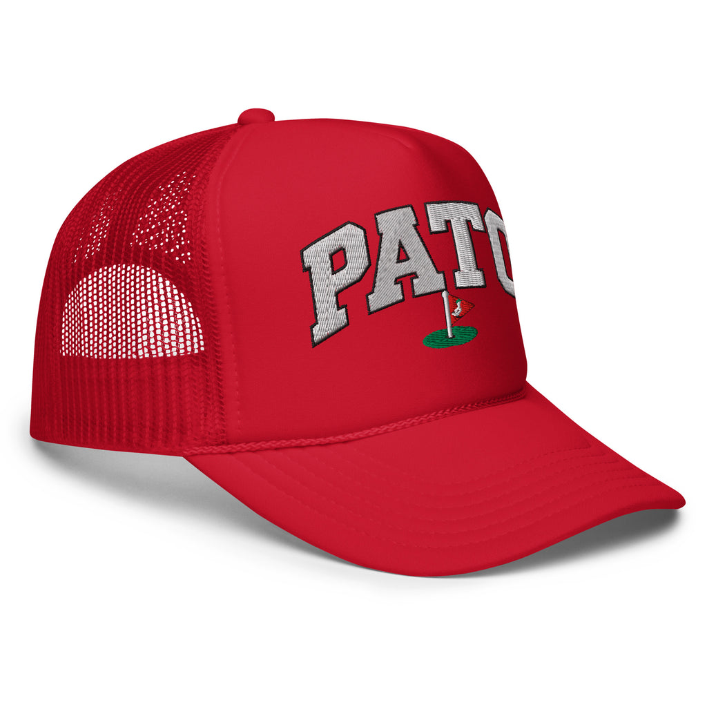 PATO foam trucker golf cap with varsity letters and golf flag