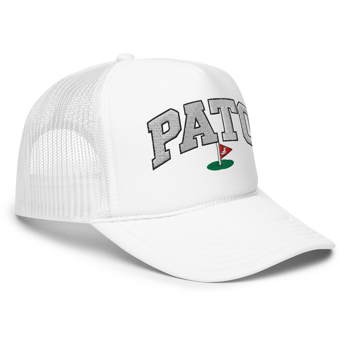 PATO foam trucker golf cap with varsity letters and golf flag