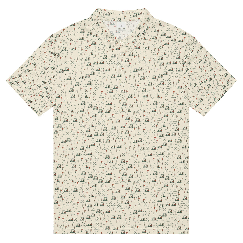 Golf polo with small all-over golf course print: carts, duck flags, tees and clubs