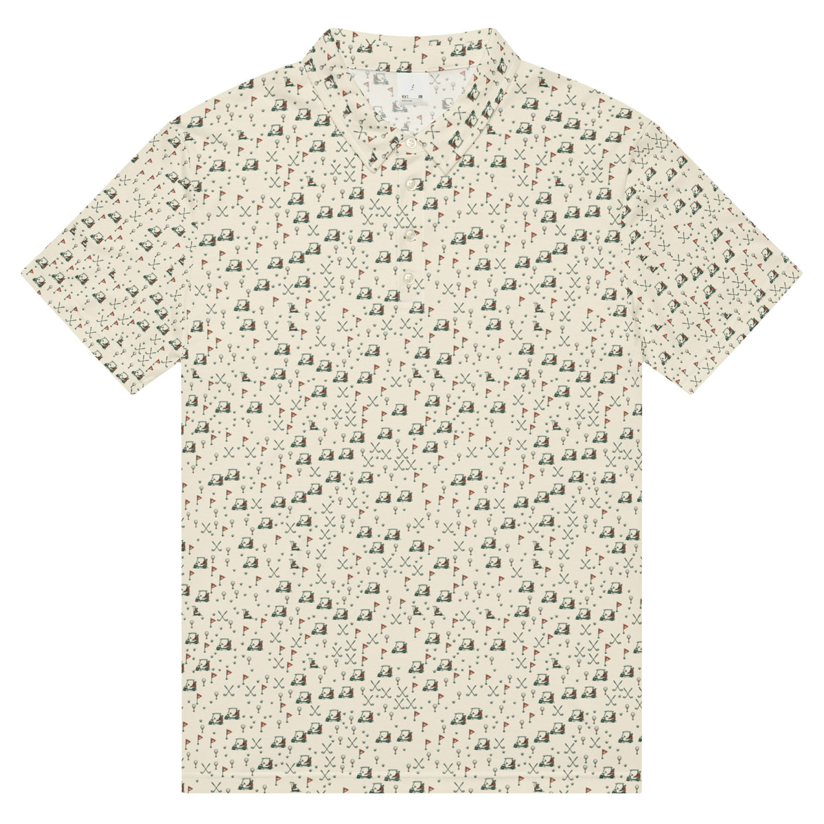 Golf polo with small all-over golf course print: carts, duck flags, tees and clubs