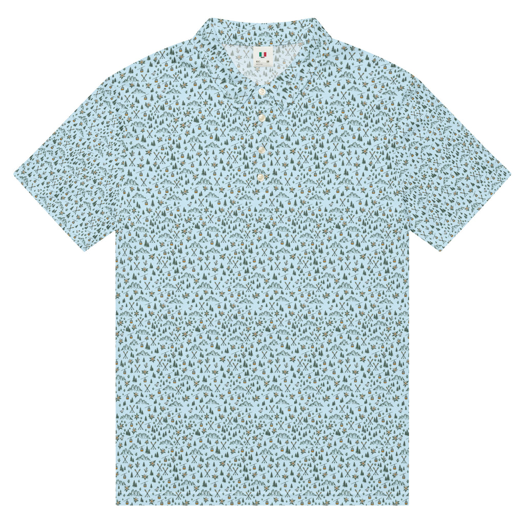 Golf polo with small all-over Dolomites print: peaks, pines, cable cars and skis