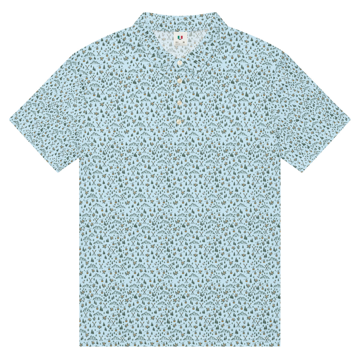 Golf polo with small all-over Dolomites print: peaks, pines, cable cars and skis