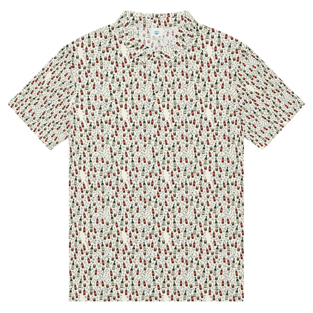 Golf polo with small all-over print of bottles, glasses and ice