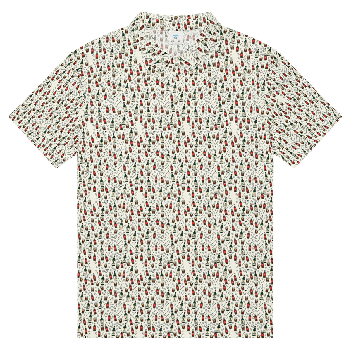 Golf polo with small all-over print of bottles, glasses and ice