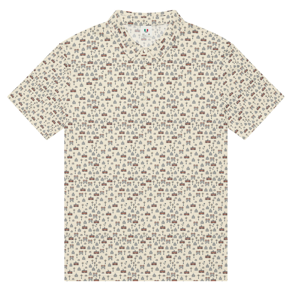 Golf polo with small all-over Milan print: Duomo, trams and the Galleria