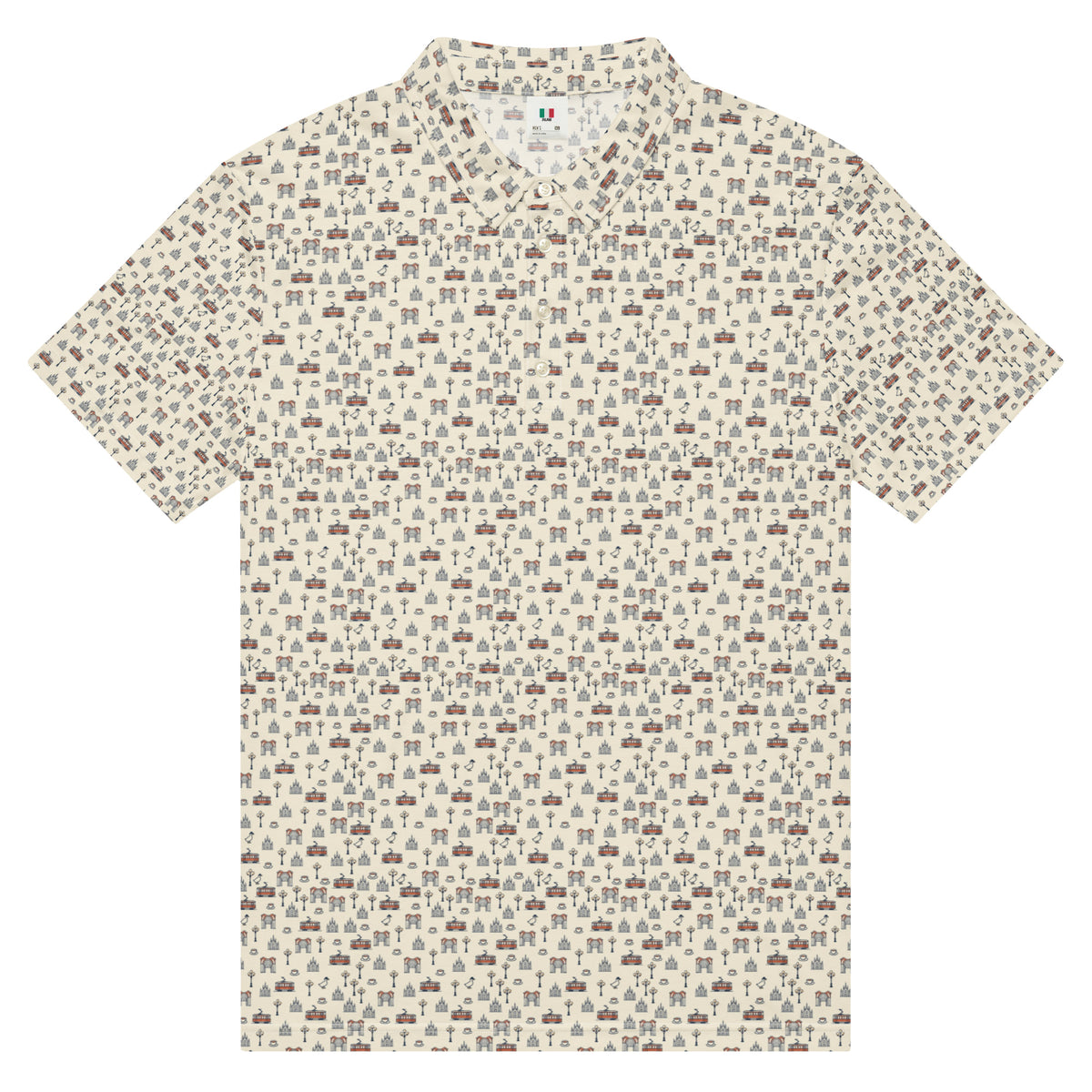 Golf polo with small all-over Milan print: Duomo, trams and the Galleria