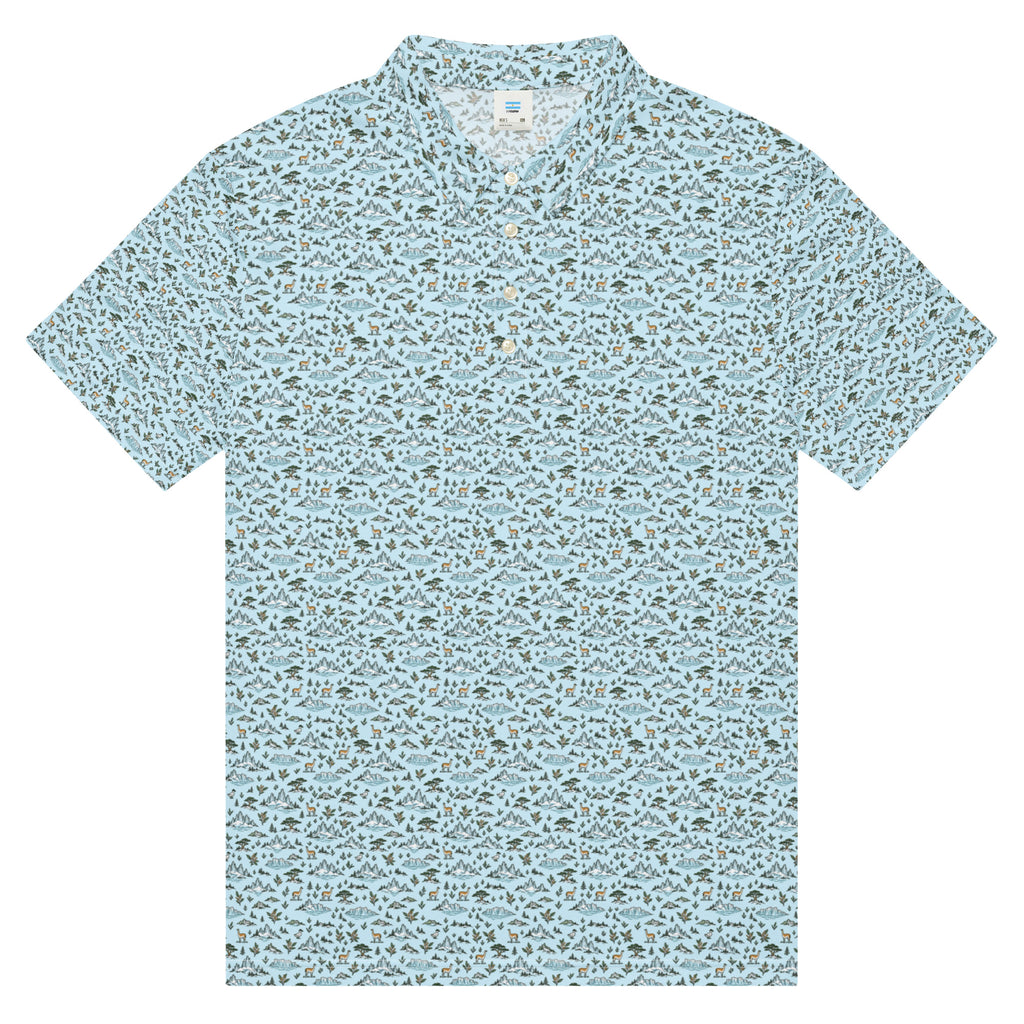 Golf polo with small all-over Patagonia print: glaciers, guanacos and mountains