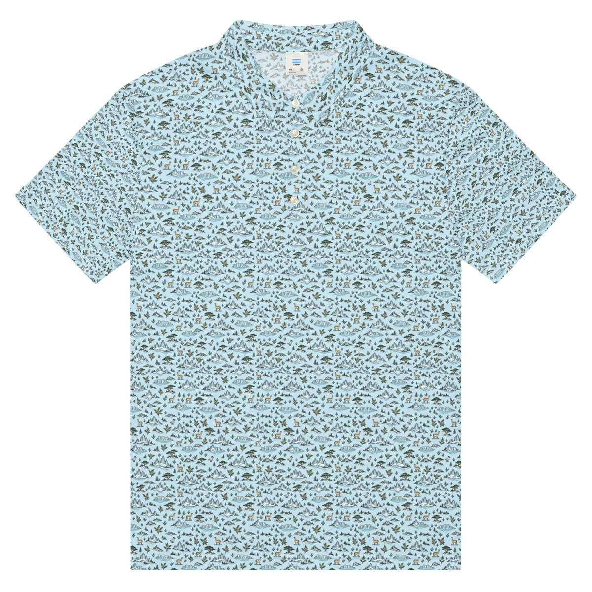 Golf polo with small all-over Patagonia print: glaciers, guanacos and mountains