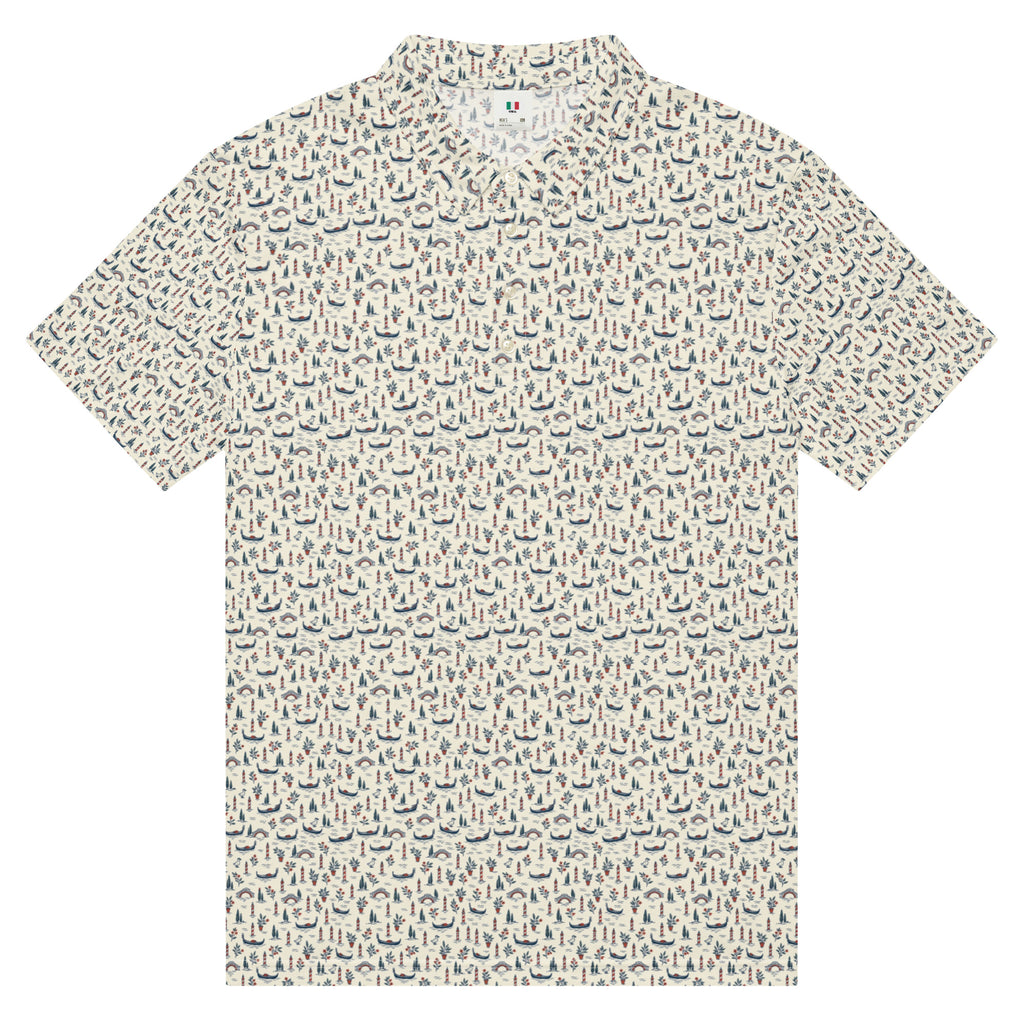 Golf polo with small all-over Venice print: gondolas, bridges and mooring poles