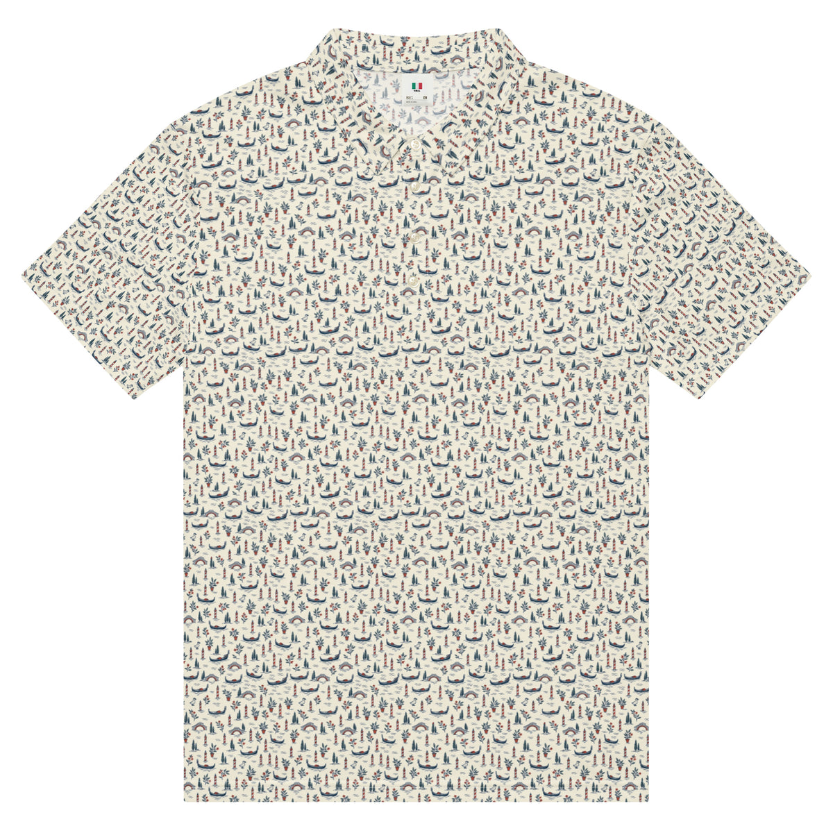 Golf polo with small all-over Venice print: gondolas, bridges and mooring poles