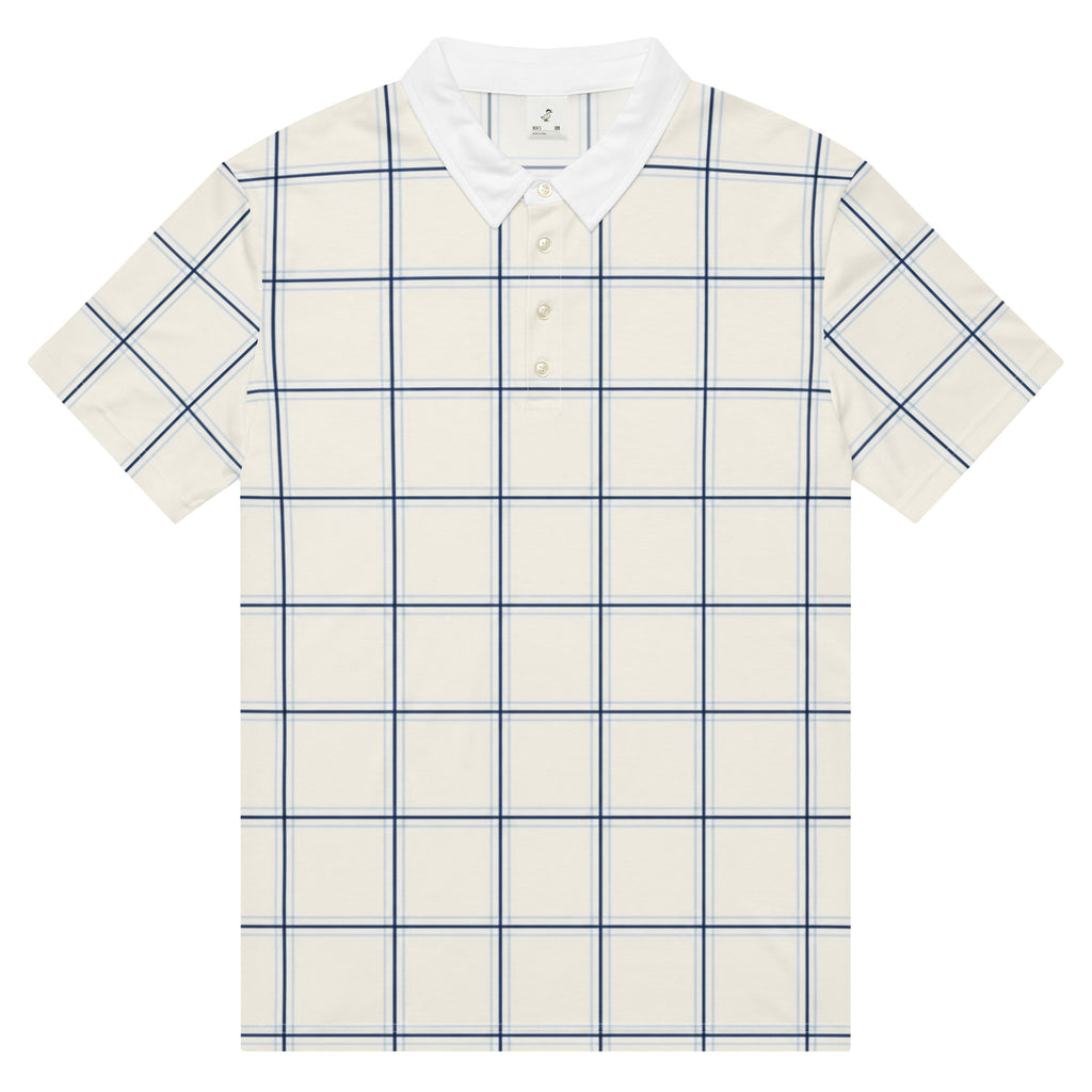 Cream windowpane check golf polo with navy lines and white collar