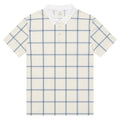 Cream windowpane check golf polo with navy lines and white collar