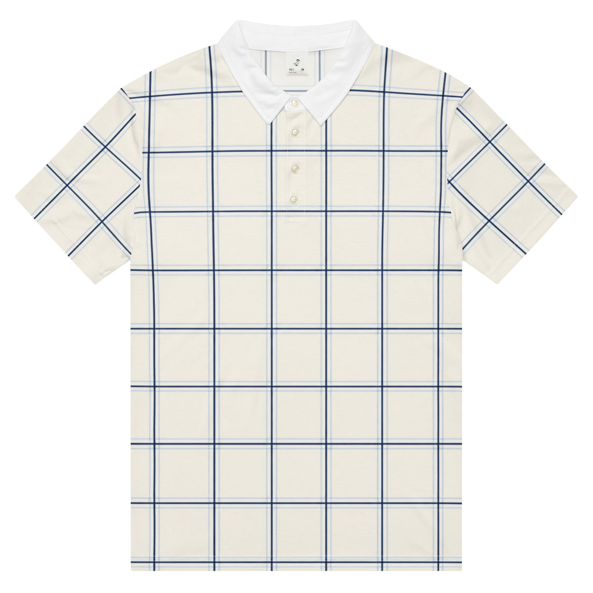 Cream windowpane check golf polo with navy lines and white collar