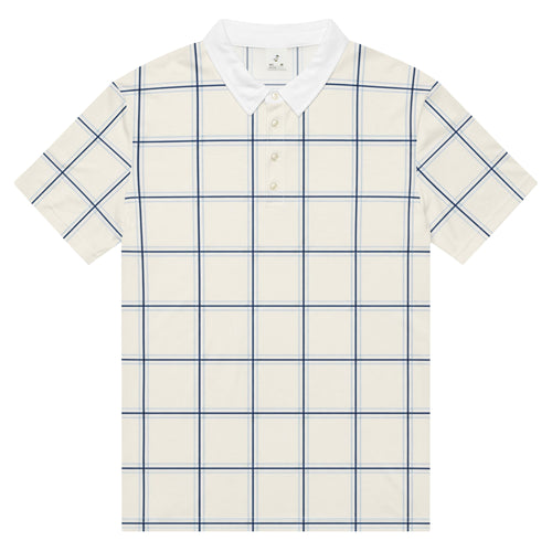 Cream windowpane check golf polo with navy lines and white collar