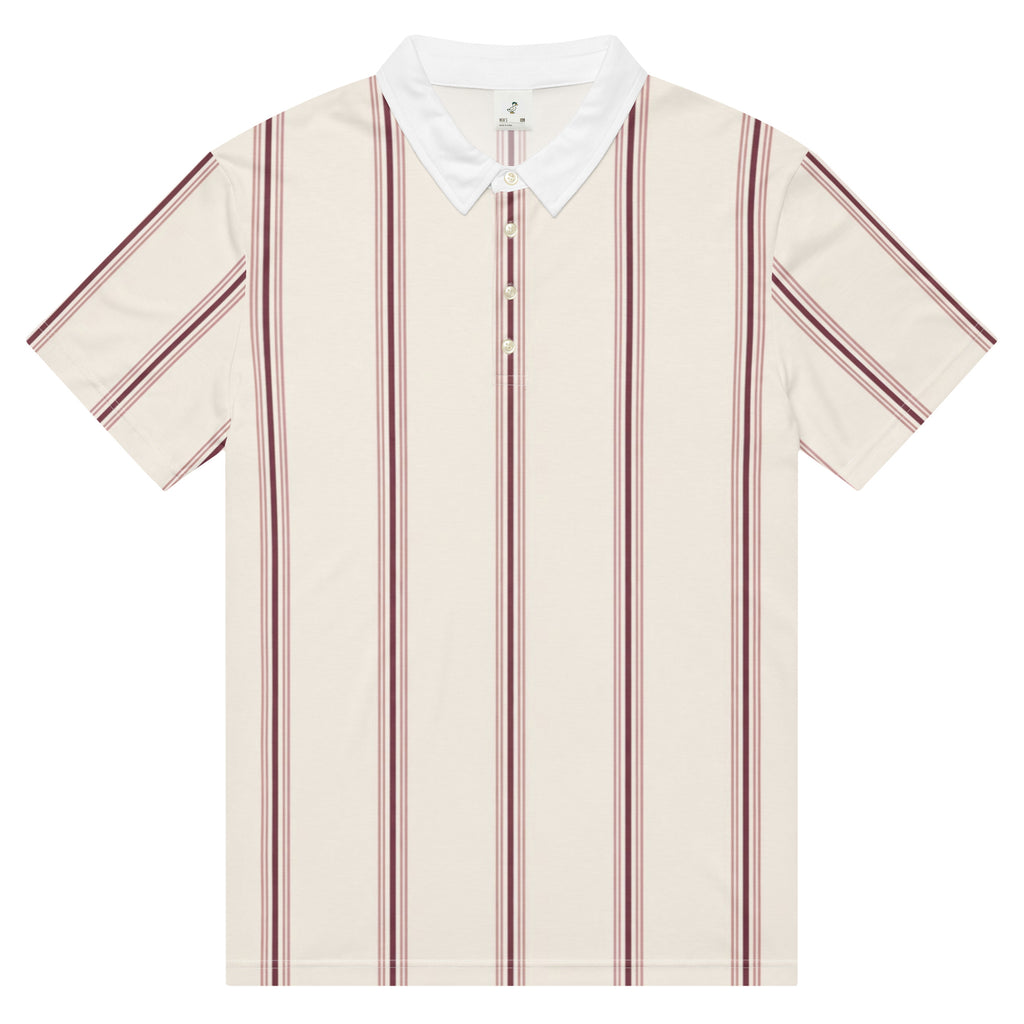 Cream pinstripe golf polo with burgundy stripes and white collar