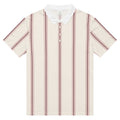 Cream pinstripe golf polo with burgundy stripes and white collar
