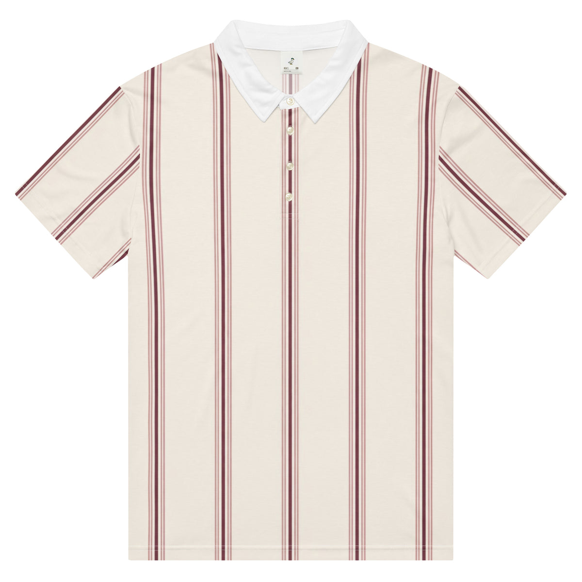 Cream pinstripe golf polo with burgundy stripes and white collar