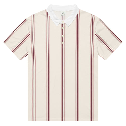 Cream pinstripe golf polo with burgundy stripes and white collar