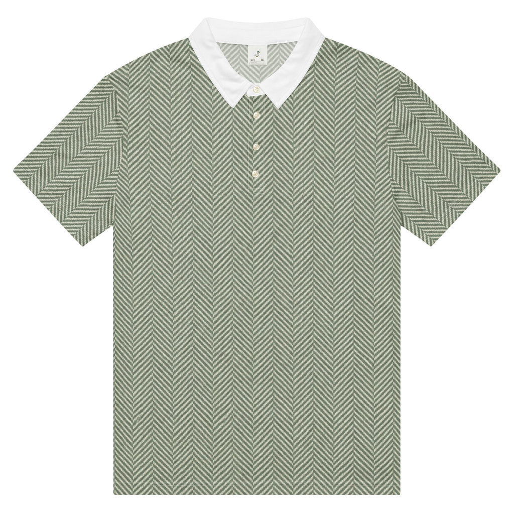 Sage green herringbone golf polo with white collar