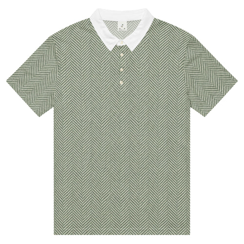 Sage green herringbone golf polo with white collar