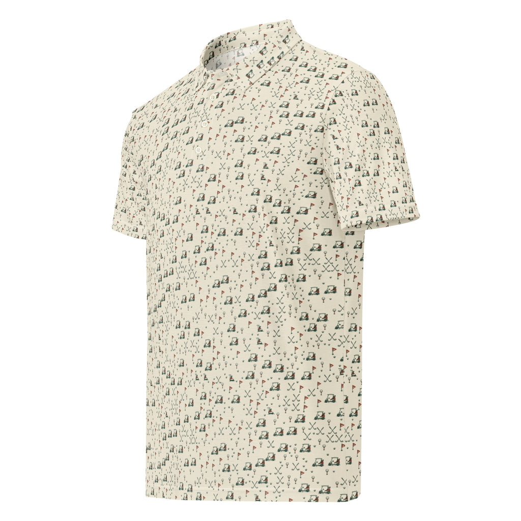 Golf polo with small all-over golf course print: carts, duck flags, tees and clubs