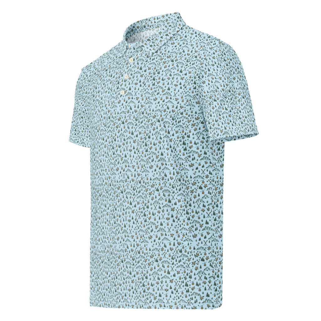 Golf polo with small all-over Dolomites print: peaks, pines, cable cars and skis