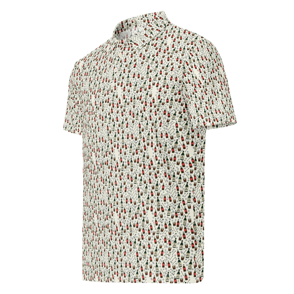 Golf polo with small all-over print of bottles, glasses and ice