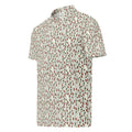 Golf polo with small all-over print of bottles, glasses and ice