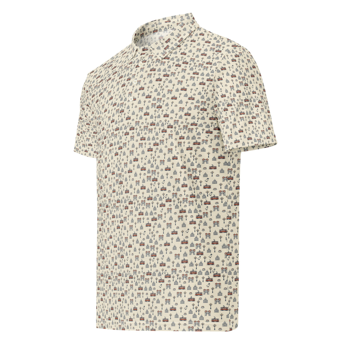 Golf polo with small all-over Milan print: Duomo, trams and the Galleria