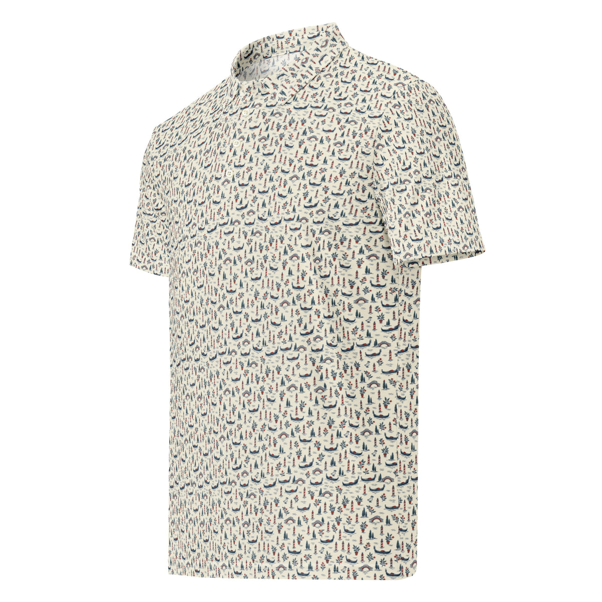 Golf polo with small all-over Venice print: gondolas, bridges and mooring poles