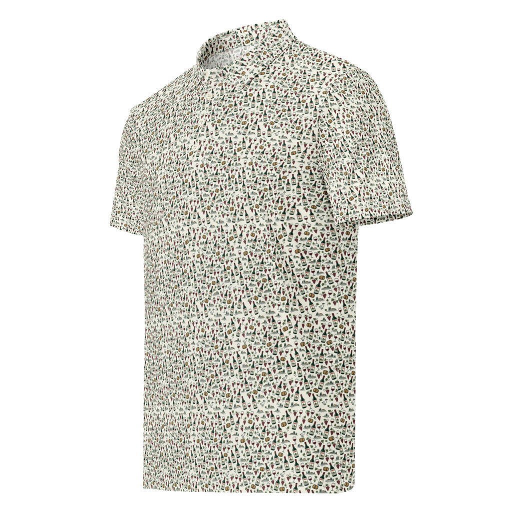 Golf polo with small all-over Tuscany print: PATO wine bottles, grapes and cypress hills
