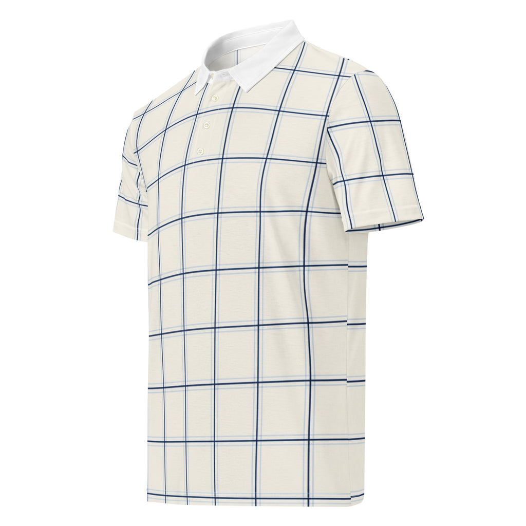 Cream windowpane check golf polo with navy lines and white collar