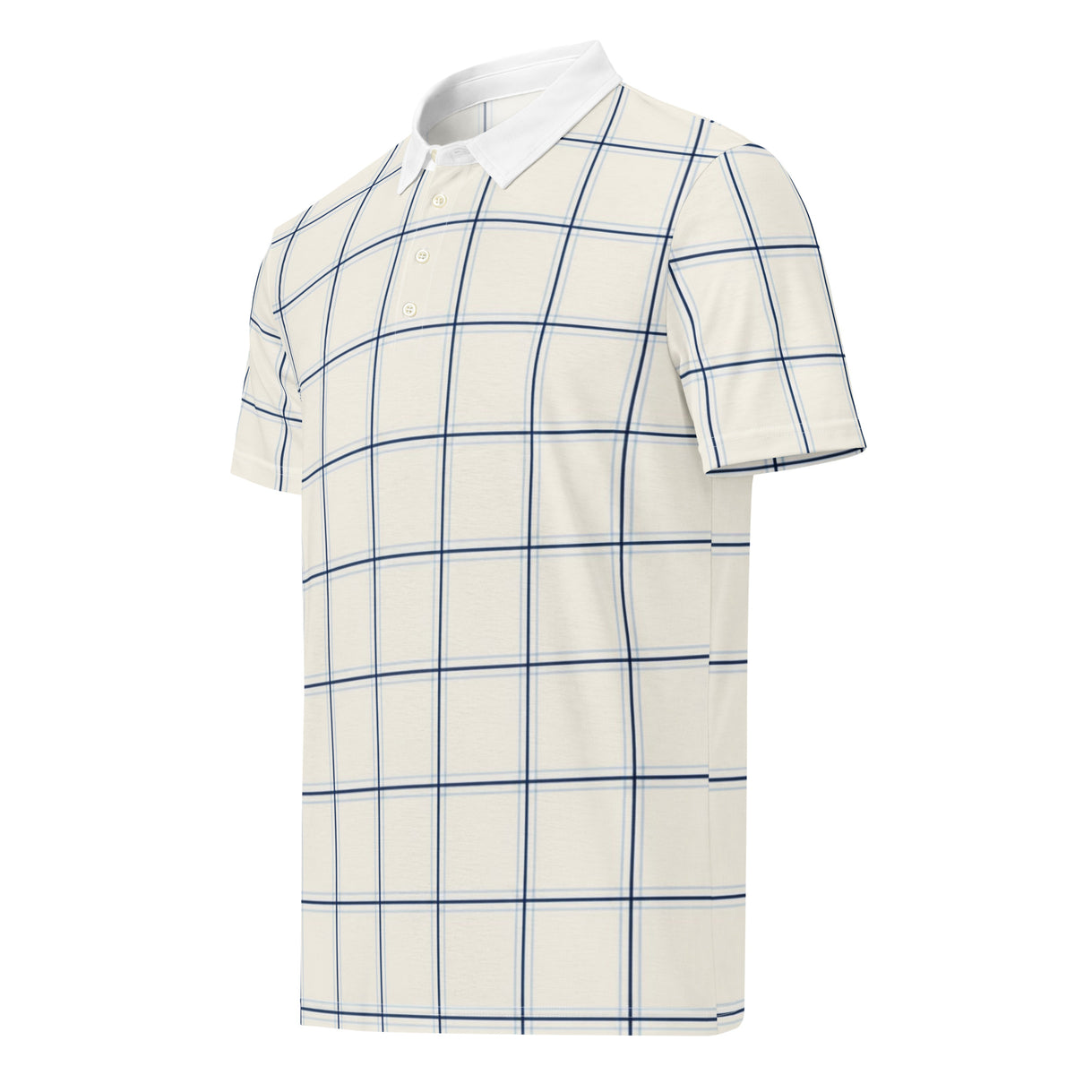 Cream windowpane check golf polo with navy lines and white collar