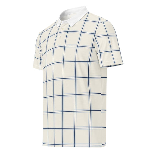 Cream windowpane check golf polo with navy lines and white collar