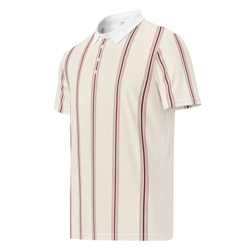 Cream pinstripe golf polo with burgundy stripes and white collar