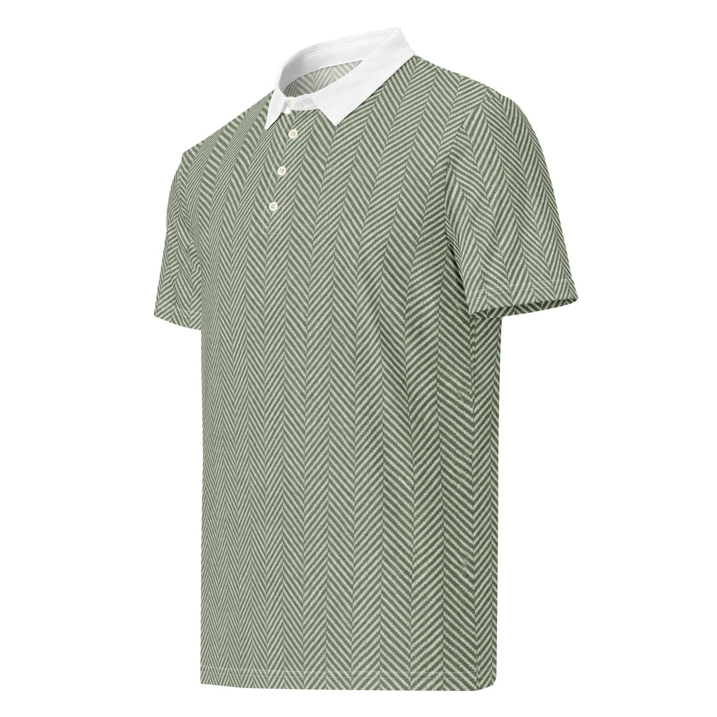 Sage green herringbone golf polo with white collar