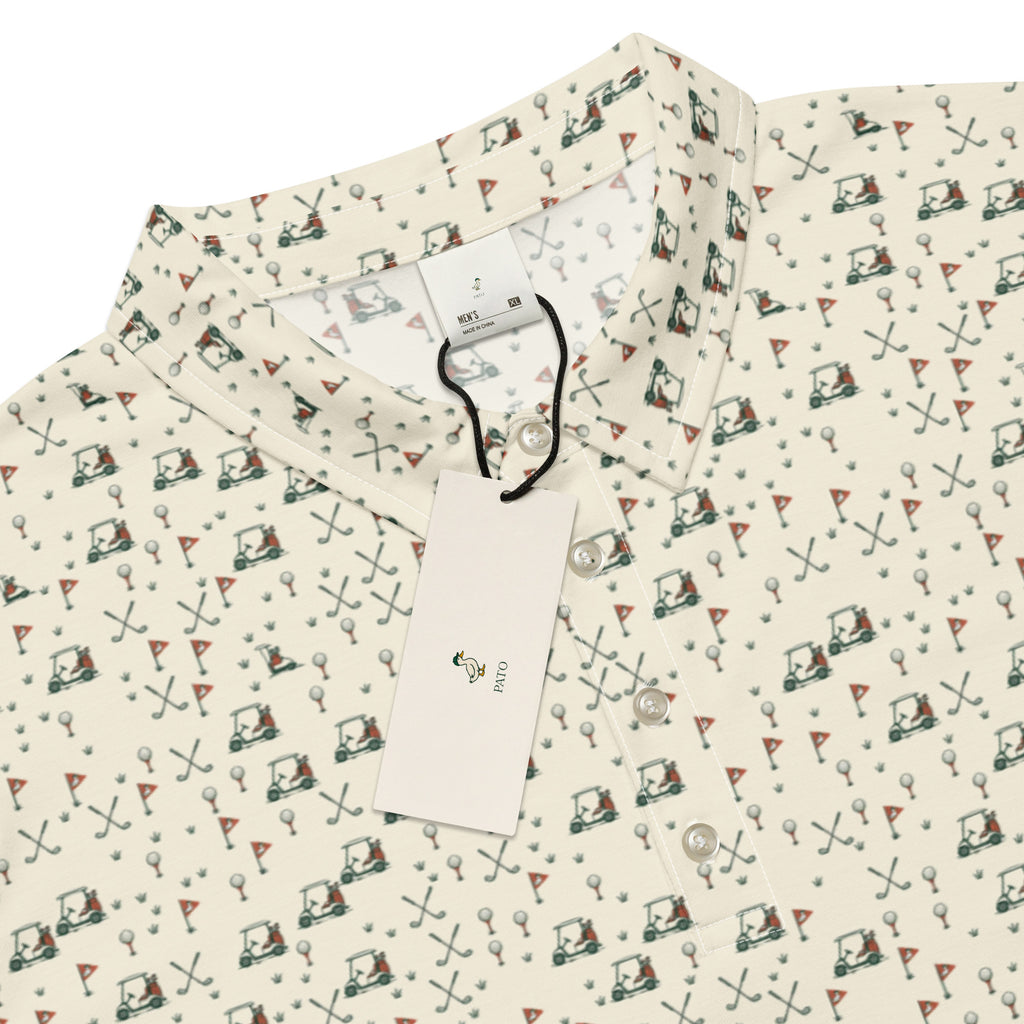 Golf polo with small all-over golf course print: carts, duck flags, tees and clubs