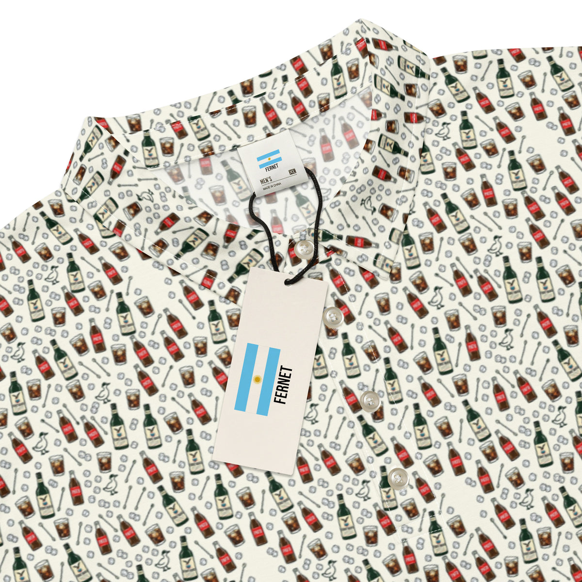 Golf polo with small all-over print of bottles, glasses and ice