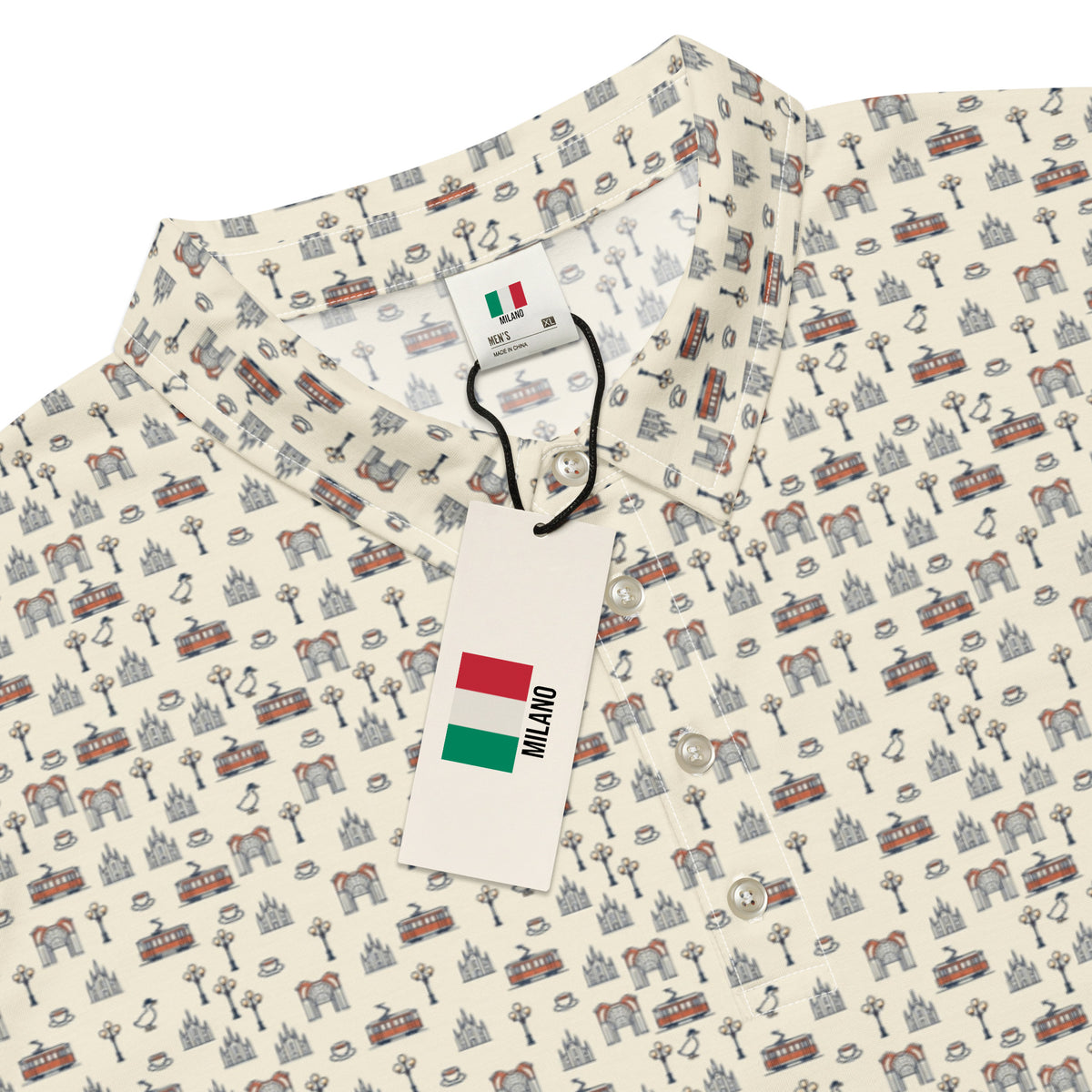 Golf polo with small all-over Milan print: Duomo, trams and the Galleria