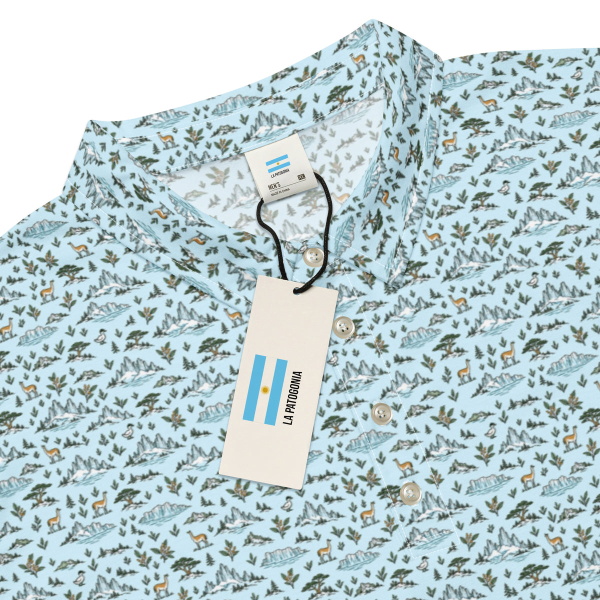 Golf polo with small all-over Patagonia print: glaciers, guanacos and mountains