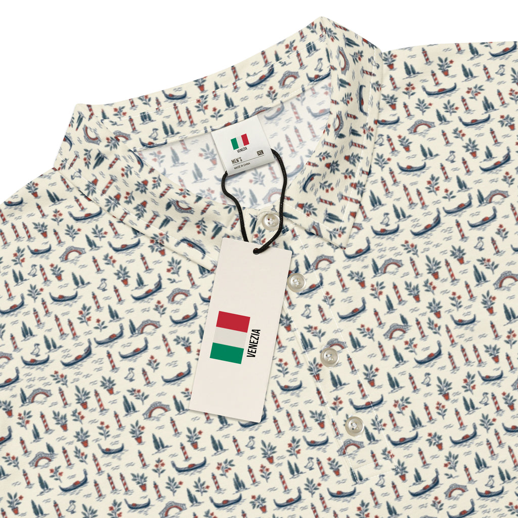 Golf polo with small all-over Venice print: gondolas, bridges and mooring poles