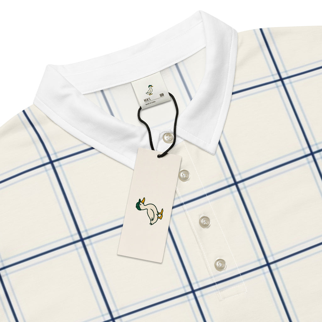 Cream windowpane check golf polo with navy lines and white collar