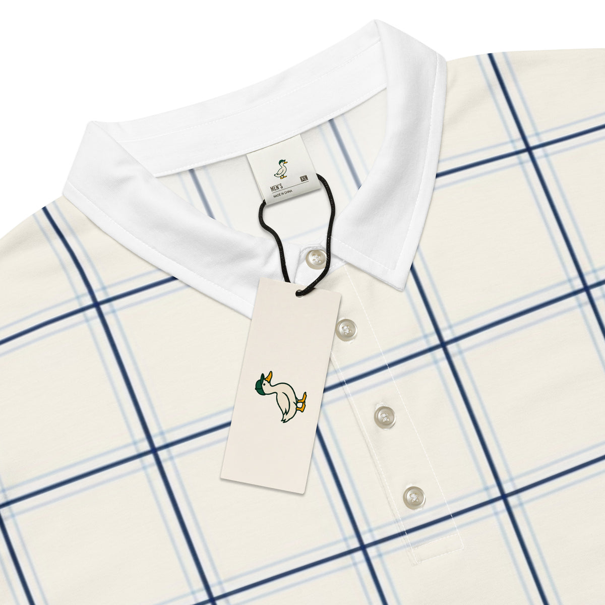 Cream windowpane check golf polo with navy lines and white collar