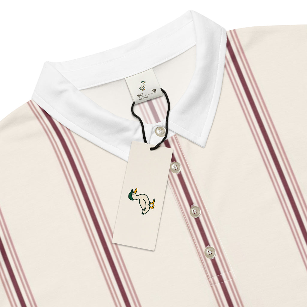 Cream pinstripe golf polo with burgundy stripes and white collar